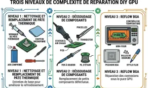 Schéma illustrant trois niveaux de réparation de GPU : nettoyage pâte thermique, dessoudage composants, et reflow BGA. Une partie d'un ordinateur portable est montrée.