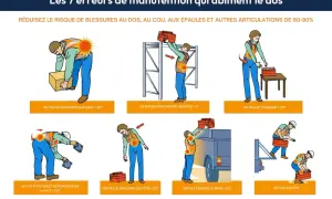 Illustrations montrant les 7 erreurs de manutention à éviter pour protéger le dos. Ces gestes, comme se pencher ou se tourner incorrectement, peuvent causer des blessures.