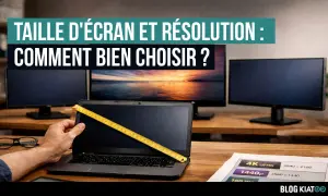 Mesure d'un écran d'ordinateur portable avec un mètre ruban. Guide pour comment choisir un écran d'ordinateur, avec des résolutions affichées.
