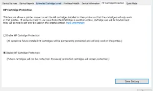 Fenêtre pour désactiver la protection des cartouches HP. L'option "Disable HP Cartridge Protection" est sélectionnée.