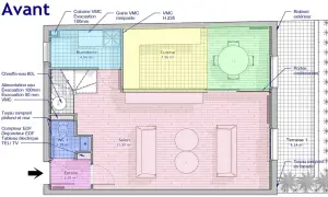 Plan bureau administratif : vue avant d'un appartement avec buanderie, cuisine, salon, WC, entrée et terrasse.