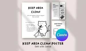 Affiche "KEEP AREA CLEAN" avec un chat dessinant tenant un balai. Rappel pour une salle de pause propre et sécuritaire.