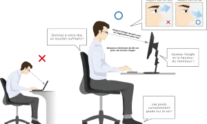 Conseils pour le reglage ecran pc : dos soutenu, pieds au sol, écran à hauteur des yeux.