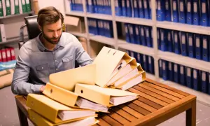 Un homme examine des dossiers jaunes sur une table en bois, entouré d'étagères remplies de classeurs bleus. Il est en train de numérisation de documents.