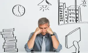 Un homme épuisé, accablé par le stress du travail, semble souffrir d'insomnie. Des dessins symbolisent le temps qui passe, la fatigue et la pression.