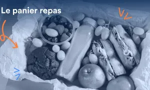 Un panier repas pour un repas d'entreprise obligatoire : sandwichs, fruits, cookie et boisson.