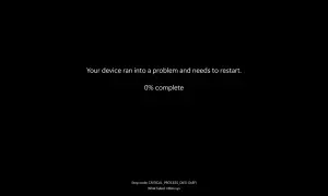 Écran trop sombre : "Your device ran into a problem and needs to restart. 0% complete." Erreur système.