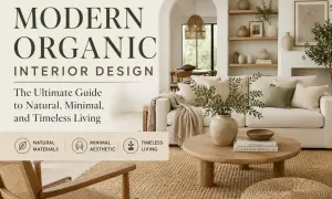 Salon épuré, ambiance naturelle. Un canapé crème, coussins texturés, et un objet inspiré de la nature : un vase en terre cuite avec des branches.