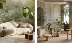 Ambiance biophilie def. Salons douillets avec canapés arrondis, tapis moelleux et abondance de plantes vertes, évoquant la nature.