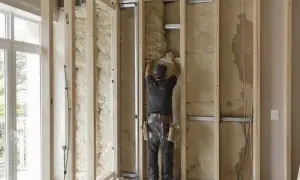 Un ouvrier installe l'isolant dans une structure de mur en bois, créant une salle insonorisée.