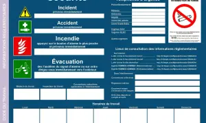 Tableau d'affichages obligatoires entreprise : sécurité, urgences, interdiction de fumer, informations réglementaires et horaires de travail.