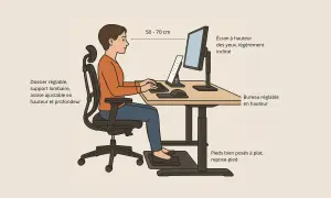 Exemple d'aménagement de poste de travail ergonomique : écran à hauteur des yeux, bureau réglable, chaise avec support lombaire, repose-pieds.
