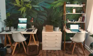Un bureau chaleureux avec un mur végétal luxuriant, deux postes de travail équipés d'ordinateurs portables, des étagères remplies d'objets décoratifs et de livres, le tout sur un parquet en bois.