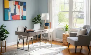 Bureau lumineux avec un ordinateur portable, des plantes et une œuvre d'art colorée. Idéal pour ranger son bureau et travailler dans une ambiance sereine.