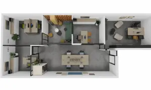 Plan d'espace d'un bureau moderne avec postes de travail, salle de réunion et espace détente.