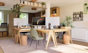 Bureau lumineux et aéré avec deux postes de travail, plantes vertes et étagères. Un espace ouvert idéal pour la productivité.