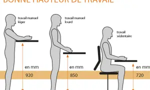Diagramme illustrant l'ergonomie du poste de travail industriel : hauteurs idéales pour travail léger, lourd et sédentaire.