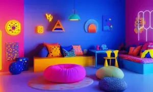 Un espace vibrant où le rose et le bleu électrique se rencontrent, invitant à la couleur de la créativité. Poufs, coussins et néons créent une ambiance ludique.