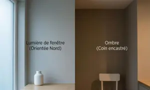 Un coin de pièce baigné de lumière douce, contrastant avec une zone d'ombre. L'ambiance est dominée par des couleurs neutres chaudes, évoquant le calme.