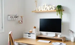 Un coin bureau fonctionnel pour un petit espace. Un bureau en bois avec un écran, un clavier, une souris, des écouteurs roses et une décoration murale "vibes".