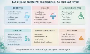 Infographie sur les règles du pause toilette code du travail : nombre de cabinets, lavabos, entretien, PMR, sanctions.