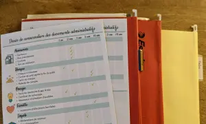 Tableau pour savoir comment ranger ses papiers : assurances, banque, énergie, famille, impôts. Dossiers suspendus orange et jaune.