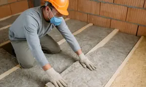 Un ouvrier installe un revêtement de sol isolant thermique, protégeant ainsi la maison du froid.