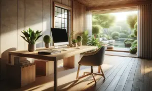 Un bureau zen au travail, baigné de lumière naturelle, avec vue sur un jardin luxuriant et un bassin d'eau.