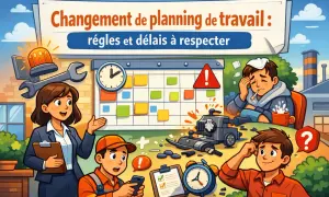 Illustration sur le changement de planning de travail, avec des règles et des délais à respecter. Un employé malade, un autre perplexe.
