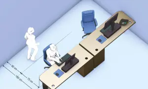 Vue d'un bureau avec un poste écran ordinateur et une fenêtre. Des mesures de distance sont indiquées.