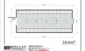 Plan vestiaire 600x240cm, 14,4m². Vue de dessus d'un module préfabriqué avec des rangées de bancs.