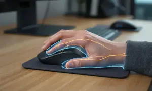Main souris tenue par une main, avec des lignes lumineuses bleues et oranges simulant les nerfs ou les flux d'énergie.