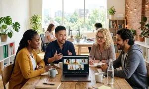 Une équipe diverse participe à une réunion en présentiel, avec des collègues connectés en visioconférence sur un écran d'ordinateur.