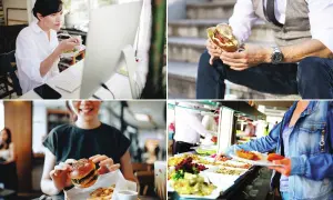 Pause déjeuner obligatoire : une femme mange devant son ordinateur, un homme savoure un burger, une jeune femme tient un burger, et une personne choisit des plats à la cafétéria.