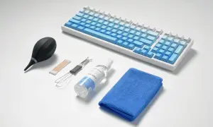 Kit pour nettoyer clavier ordinateur : soufflette, coton-tiges, extracteur de touches, spray nettoyant et chiffon microfibre.