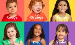 Six enfants souriants, chacun sur un fond de couleur vive. Le rouge, l'orange, le jaune, le vert, le bleu et le violet sont des couleurs favorisant l'apprentissage.