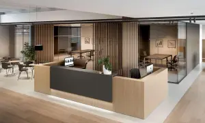 Aménagement espace accueil moderne avec réception en bois clair et gris anthracite, séparations en lattes de bois et bureaux vitrés.