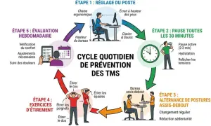 Cycle de prévention des TMS : réglage du poste, pauses, alternance assis-debout, étirements et évaluation pour une ergonomie mobile optimale.