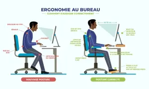 Comparaison de mauvaise et bonne posture au bureau. La bonne posture ergonomique assure un dos droit, des épaules détendues et des poignets parallèles.