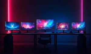 Bureau avec cinq écrans affichant des fonds d'écran cosmiques, éclairé par des néons roses et bleus. Idéal pour bien régler son écran gamer.