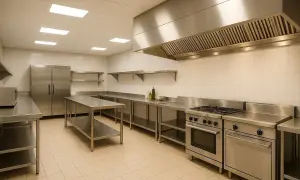 Cuisine professionnelle en inox, conforme au code du travail. Équipements modernes, réfrigérateur, tables de travail, hotte aspirante et cuisinière.