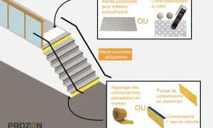 Illustration des normes PMR pour une banque d'accueil : bandes podotactiles, mains courantes et repérage des contremarches.