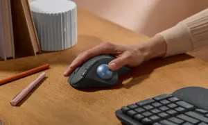 Maintenant, quelle souris ergonomique choisir ? Une main contrôle une souris grise avec une boule bleue sur un bureau en bois.