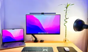 Un bureau de rêve pour un setup développeur : MacBook, écran LG, clavier et souris, avec une touche de verdure.
