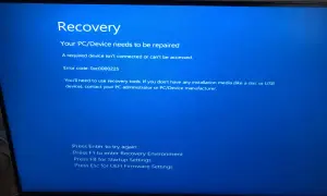 Sur son ecran pc, un message d'erreur "Recovery" indique que le PC a besoin d'être réparé, avec le code 0xc0000225.