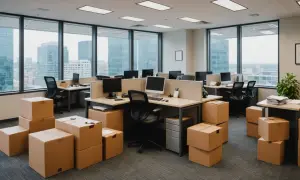 Bureau vide, cartons empilés, prêt pour un déménagement. Les postes de travail sont déserts, la vue sur la ville promet un nouveau départ.