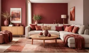 Salon chaleureux aux murs rouge brique, rappelant la teinte marsala pantone. Canapé clair, coussins et tapis dans des tons terreux.