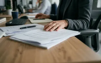 Main tenant sur des documents, une femme attend une réponse. Mon employeur refuse mon aménagement de poste, une situation stressante.