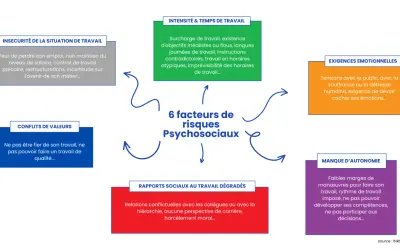 Schéma des 6 facteurs de risques psychosociaux (RPS) : insécurité, conflits de valeurs, intensité/temps de travail, exigences émotionnelles, manque d'autonomie, rapports sociaux dégradés.