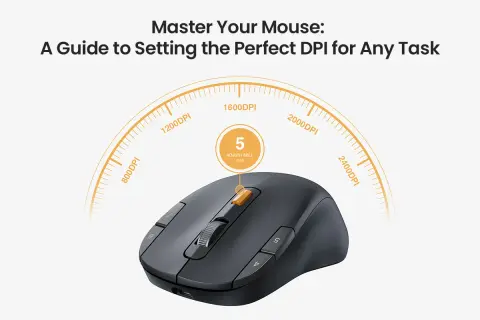 Souris noire avec molette et boutons, arc gradué indiquant les curseurs souris réglables de 800 à 2400 DPI.